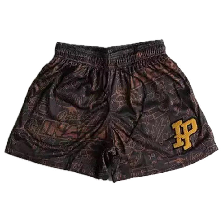 IP Brown Retro All-Over Pattern Graffiti Mesh Shorts