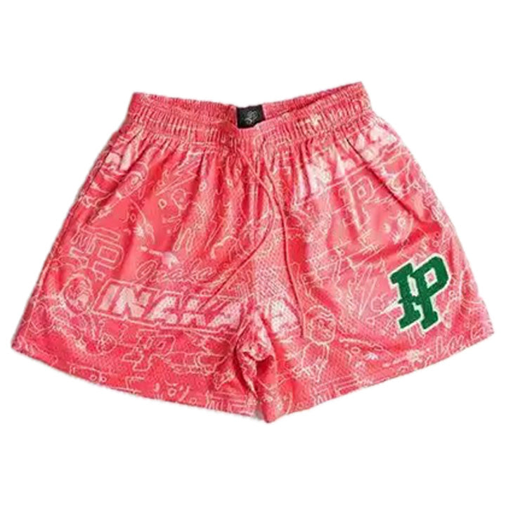 IP Red Retro All-Over Pattern Graffiti Mesh Shorts