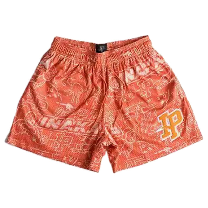 IP Orange Retro All-Over Pattern Graffiti Mesh Shorts