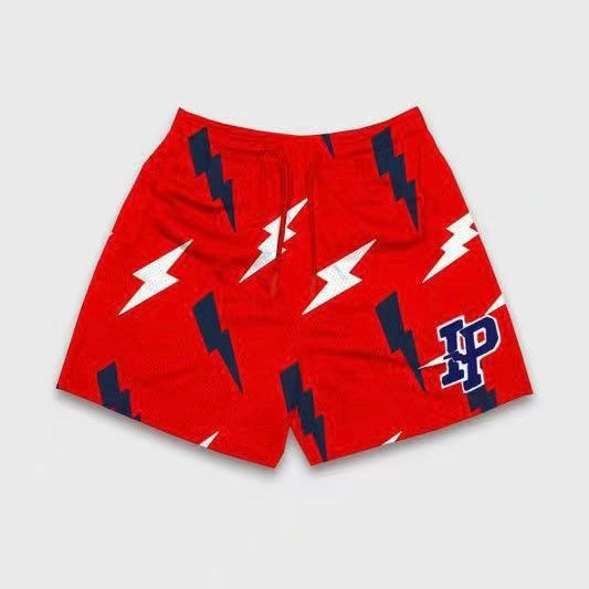IP Lightning Bolt Print Red Mesh Shorts