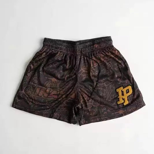 IP Shorts Brown Retro All-Over Pattern Graffiti Mesh Shorts