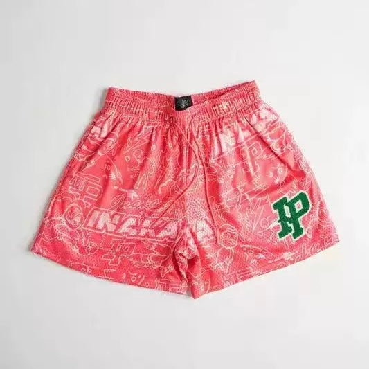 IP Shorts Red Retro All-Over Pattern Graffiti Mesh Shorts