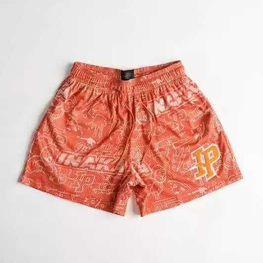 IP Shorts Orange Retro All-Over Pattern Graffiti Mesh Shorts