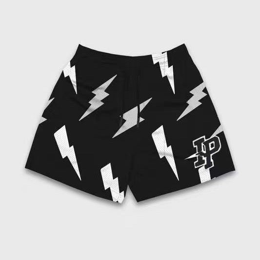 IP Lightning Bolt Print Black Mesh Shorts