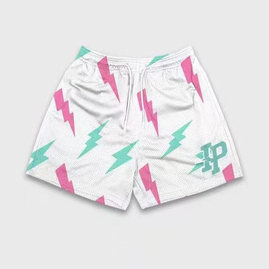 IP Lightning Bolt Print White Mesh Shorts